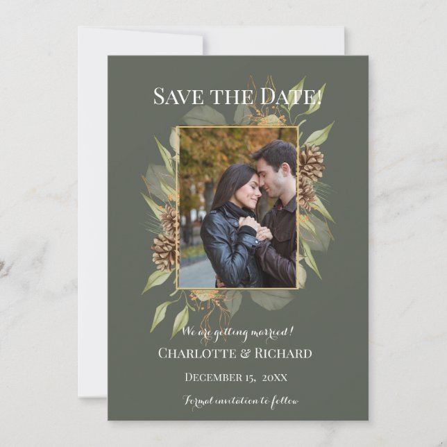 Rustic Pinecones on Green Engagement Photo  Save The Date (Front)