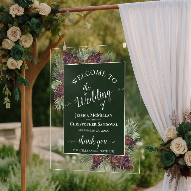 Rustic Pinecones & Pine Branches Wedding Welcome Acrylic Sign (Creator Uploaded)