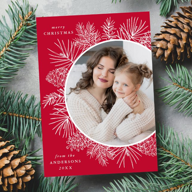 Rustic Pinecones Red Photo Holiday Card (Creator Uploaded)