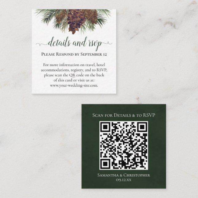 Rustic Pinecones Wedding Details & RSVP QR Code Enclosure Card (Front/Back)