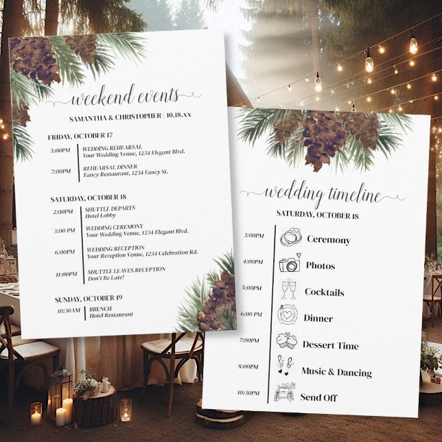 Rustic Pinecones Wedding Events & Timeline Programme (Front/Back)