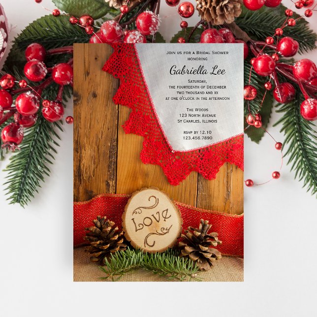 Rustic Pines and Red Lace Bridal Shower Invitation (Set a festive tone with the Rustic Pines and Red Lace Winter Woodland Bridal Shower Invitation.)