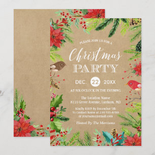 Rustic Pines Berries Floral Kraft Christmas Party Invitation