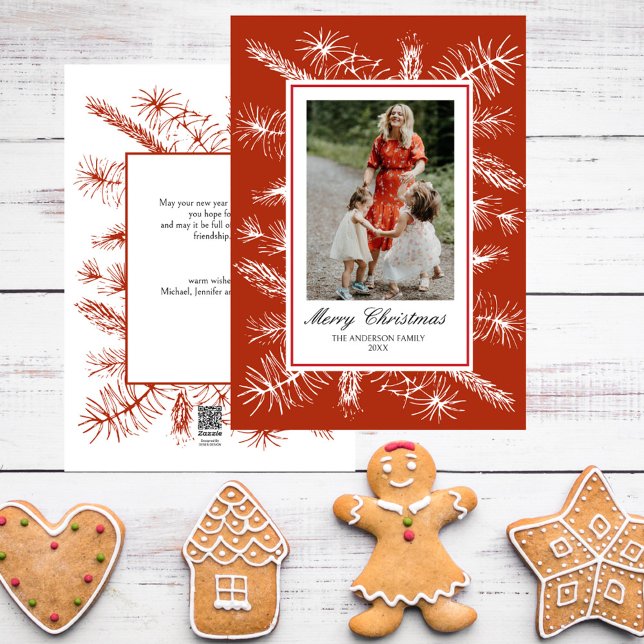 Rustic Pines Red Frame Elegant Photo Christmas Holiday Card (Rustic Pines Elegant Script White Red Border Photo Christmas Card)