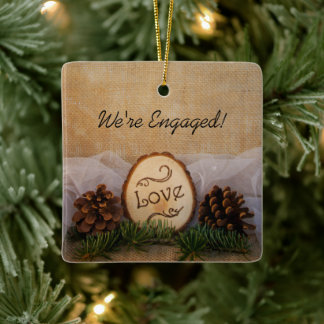 Rustic Pines Woodland Engagement Ceramic Ornament