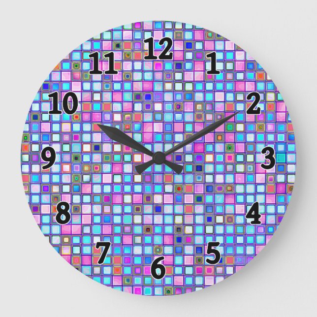 Rustic Pink And Blue Mosaic 'Clay' Tiles Pattern Large Clock (Front)