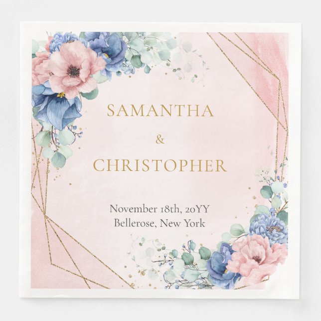 Rustic Pink and Dusty Blue Floral gold frame Napkin (Front)