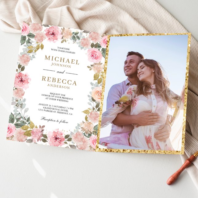 Rustic Pink and Gold Floral Photo QR Code Wedding Invitation (Creator Uploaded)