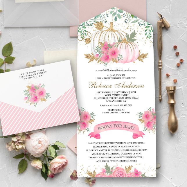 Rustic Pink and Gold Floral Pumpkin Baby Shower All In One Invitation (Creator Uploaded)