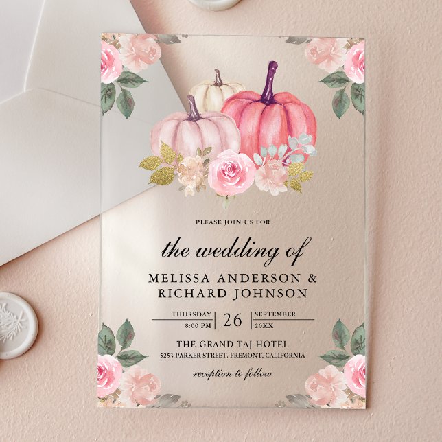 Rustic Pink and Gold Pumpkin Floral Wedding Acrylic Invitations (Creator Uploaded)