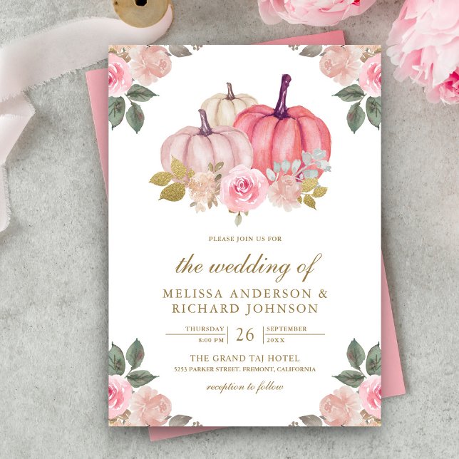 Rustic Pink and Gold Pumpkin Floral Wedding Invitation (Creator Uploaded)