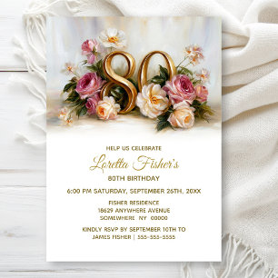 Rustic Pink and Orange Floral 80th Birthday Party Invitation