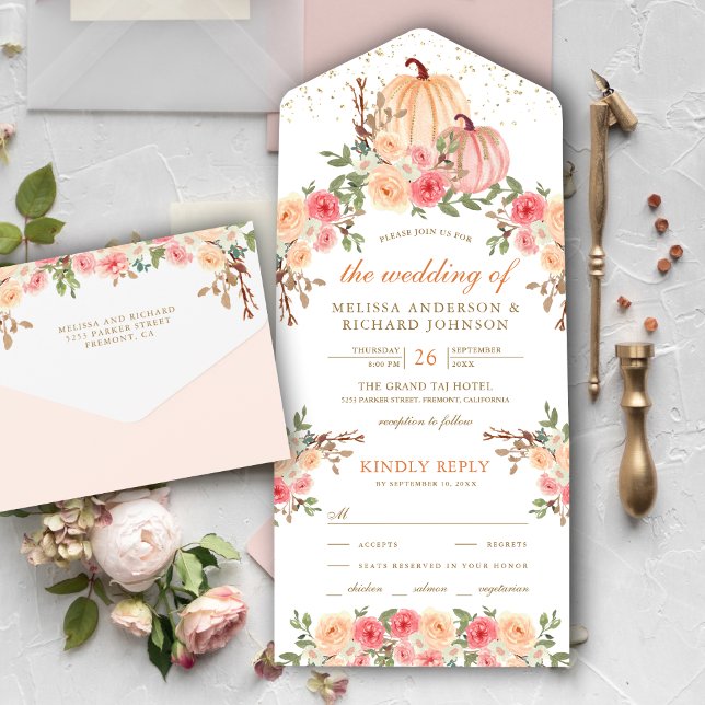 Rustic Pink and Peach Pumpkin Floral Wedding All In One Invitation (Creator Uploaded)