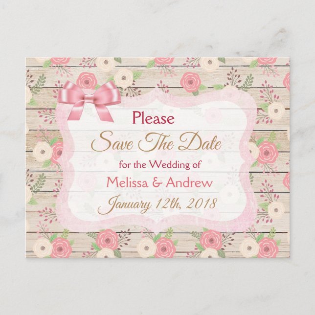 Rustic Pink and Tan Floral Save the Date Postcard (Front)