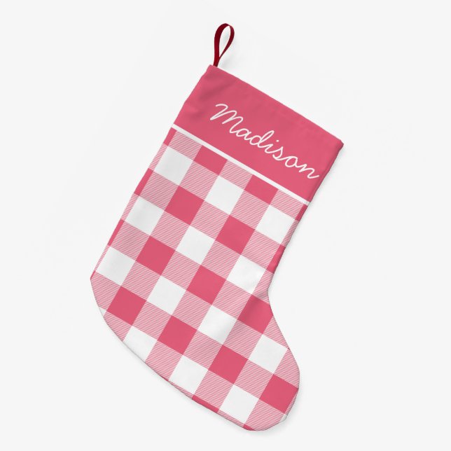 Rustic Pink and White Buffalo Check Monogram Small Christmas Stocking (Front (Hanging))