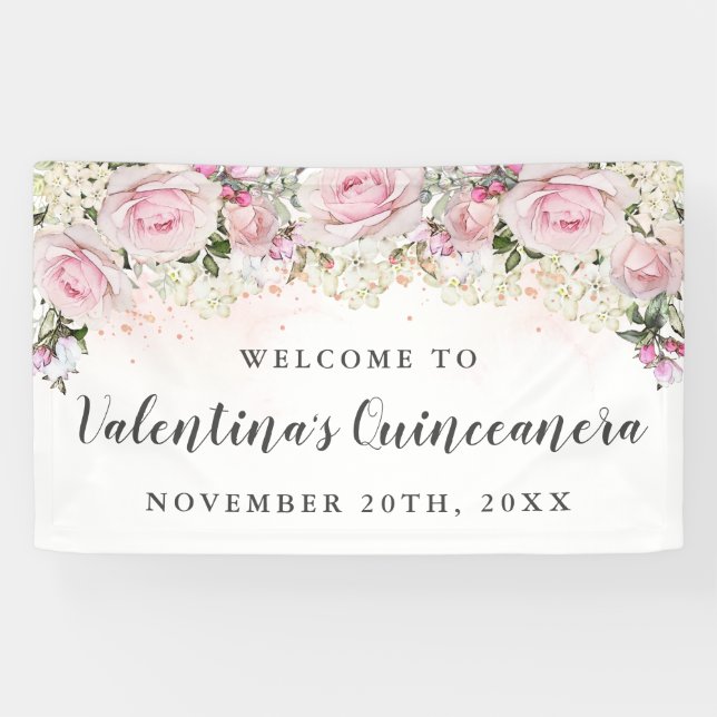 Rustic Pink and White Floral Quinceanera Banner (Horizontal)