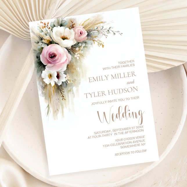 Rustic Pink and White Floral Wedding Invitation (Creator Uploaded)