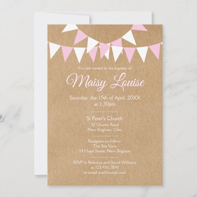 Rustic Pink Baby Girl Bunting Baptism Christening Invitation (Front)