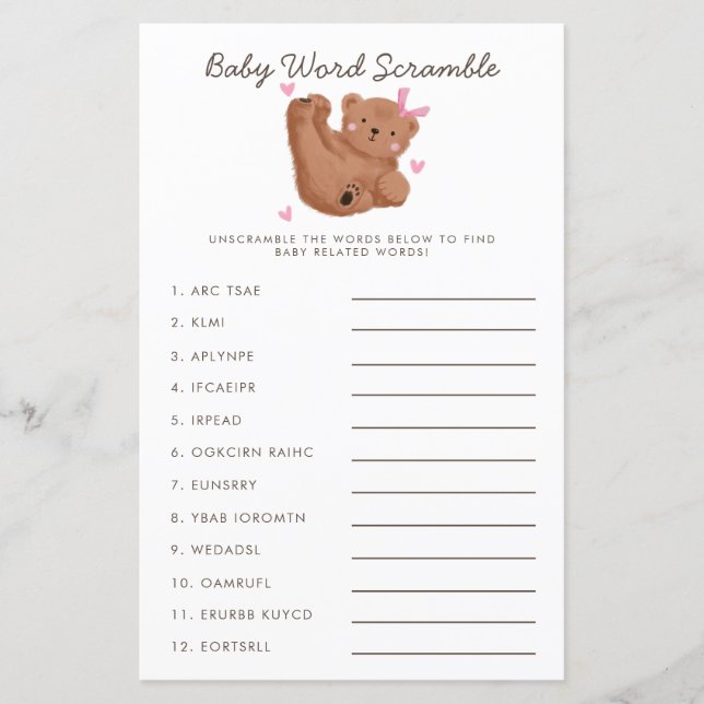 Rustic Pink Bear Baby Word Scramble Game (Front)