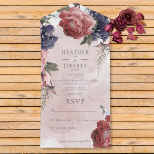 Rustic Pink & Blue Peonies Pink No Dinner All In One Invitation
