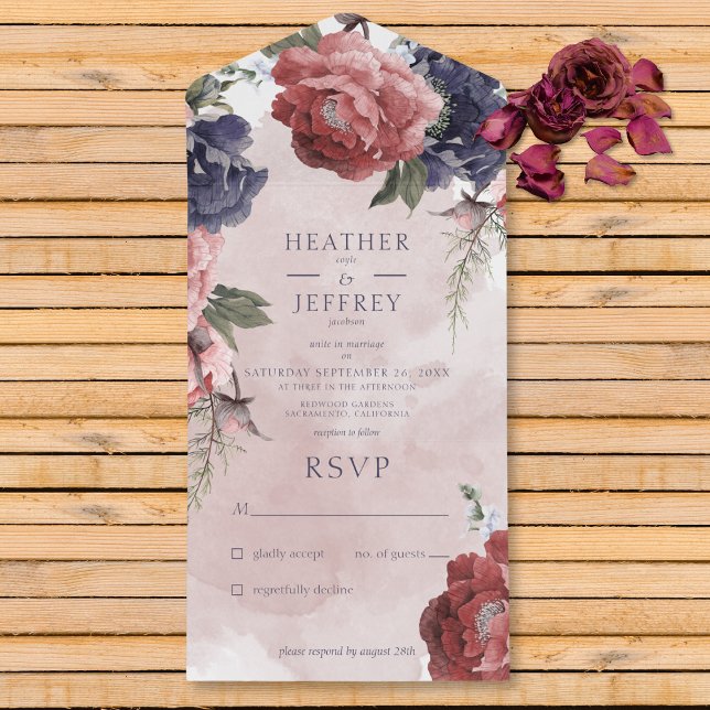 Rustic Pink & Blue Peonies Pink No Dinner All In One Invitation (Also available with a QR code or with dinner selection options.)