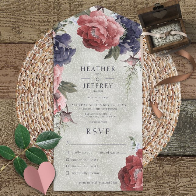 Rustic Pink & Blue Peonies Sage Green Dinner All In One Invitation (Also available with a QR code or without dinner selection options.)