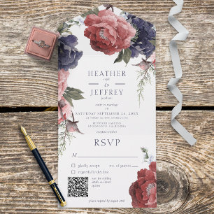 Rustic Pink & Blue Peonies White QR Code All In One Invitation