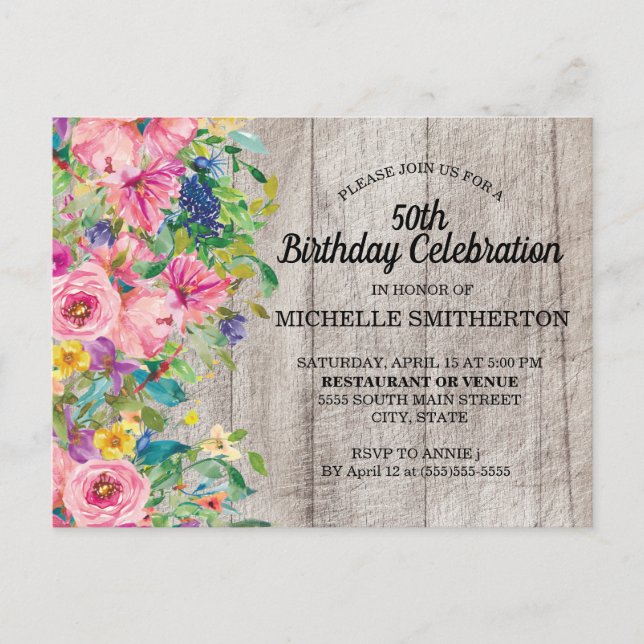 Rustic Pink Blue Watercolor Floral 50th Birthday Postcard (Front)