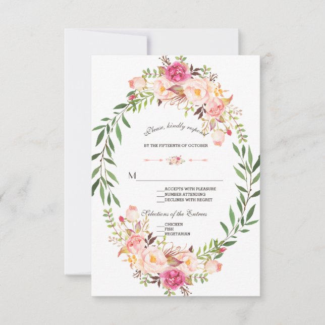 Rustic Pink Blush Floral Bloom Wedding RSVP (Front)