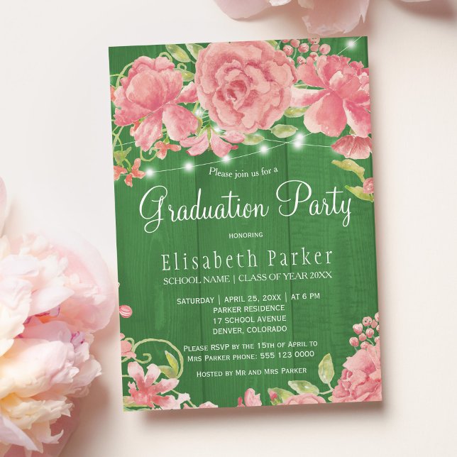Rustic pink blush rose peonies graduation party invitation (Creator Uploaded)