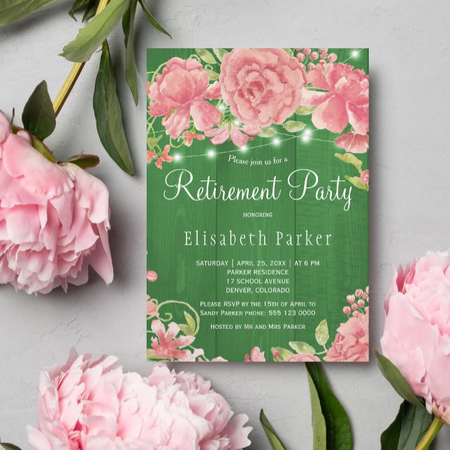 Rustic pink blush rose peonies retirement party invitation (Creator Uploaded)