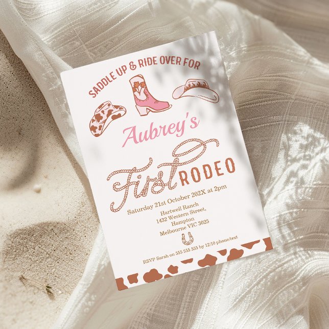 Rustic Pink Boot Cowgirl First Rodeo 1st Birthday Invitation (Pink Cowgirl First Rodeo Birthday Invitation, Western First Rodeo 1st Birthday Invite, Wild West)