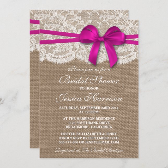 Rustic Pink Bow, Burlap & Lace Bridal Shower Invitation (Front/Back)