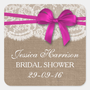 Rustic Pink Bow, Burlap & Lace Bridal Shower Square Sticker
