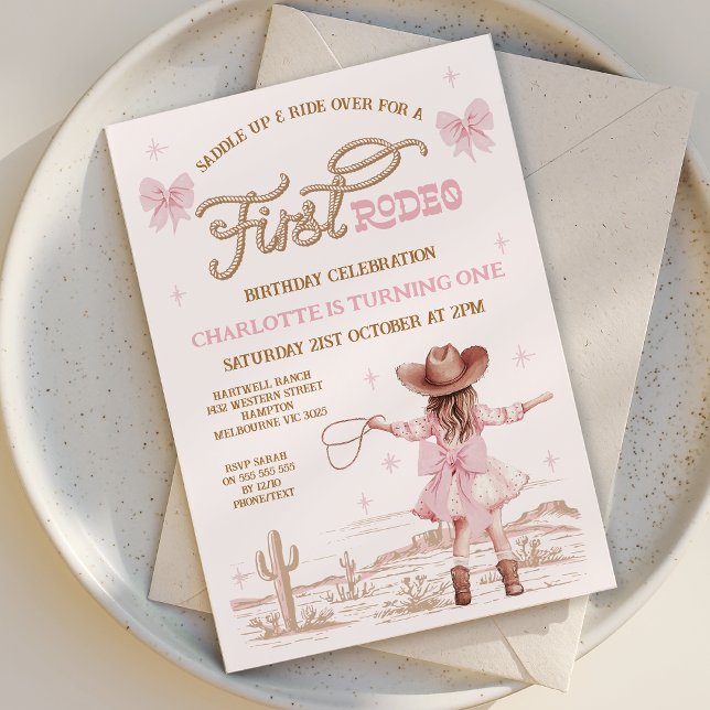 Rustic Pink Bows Girls First Rodeo 1st Birthday  Invitation (First Rodeo Invitation, 1st Birthday Invitation Rodeo, My First Rodeo Birthday Invite Template, Pink)