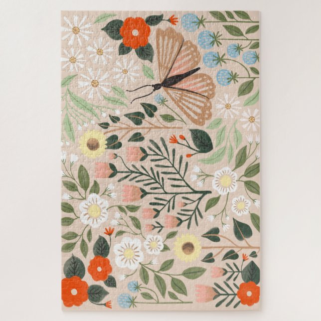 Rustic Pink Brown Boho-Chic Floral Illustration Jigsaw Puzzle (Vertical)