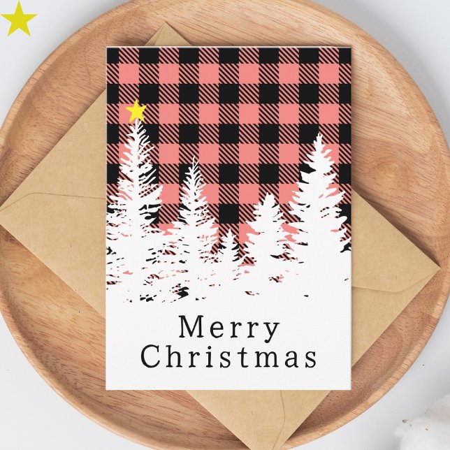 Rustic Pink Buffalo Plaid Forest Merry Christmas Card (Creator Uploaded)