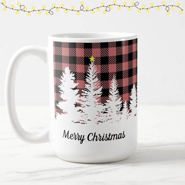 Rustic Pink Buffalo Plaid Forest Merry Christmas  Coffee Mug (Creator Uploaded)