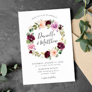 Rustic Pink Burgundy and Purple Floral Wedding Invitation