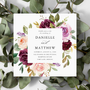 Rustic Pink Burgundy and Purple Floral Wedding Invitation