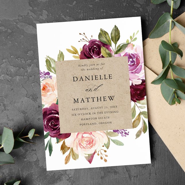 Rustic Pink Burgundy and Purple Floral Wedding Invitation (Creator Uploaded)