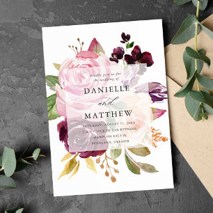 Rustic Pink Burgundy and Purple Floral Wedding Invitation