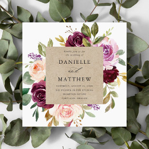Rustic Pink Burgundy and Purple Floral Wedding Invitation