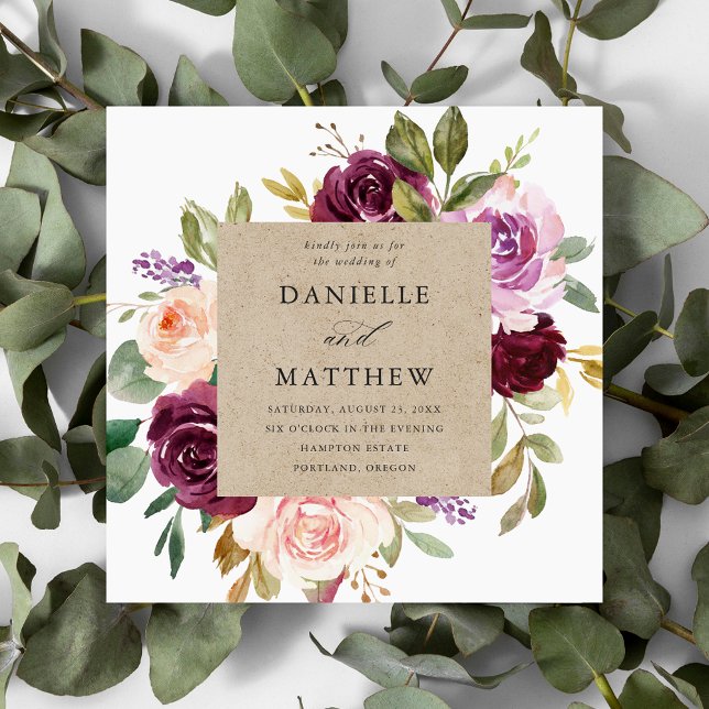 Rustic Pink Burgundy and Purple Floral Wedding Invitation (Creator Uploaded)