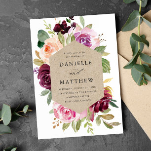 Rustic Pink Burgundy and Purple Floral Wedding Invitation