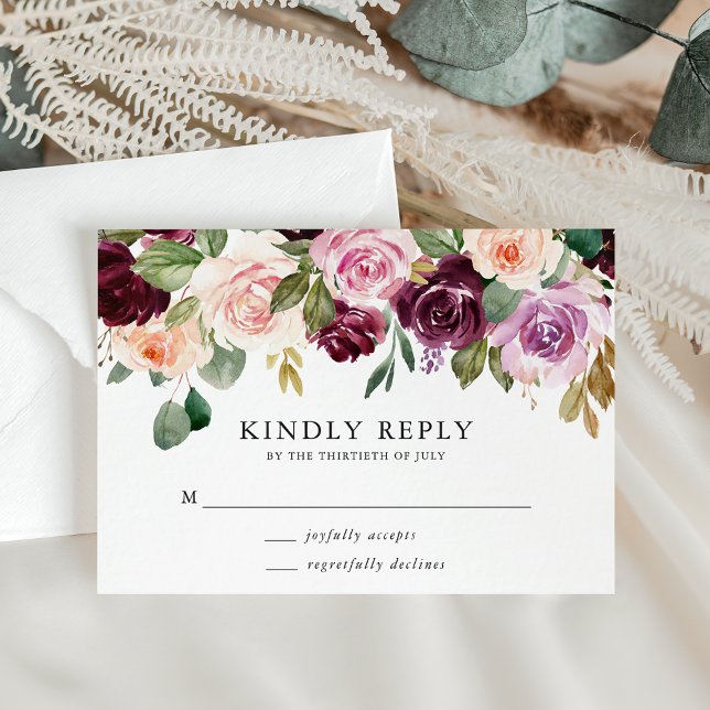 Rustic Pink Burgundy and Purple Floral Wedding RSVP Card (Creator Uploaded)