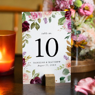  Rustic Pink Burgundy and Purple Floral Wedding Table Number