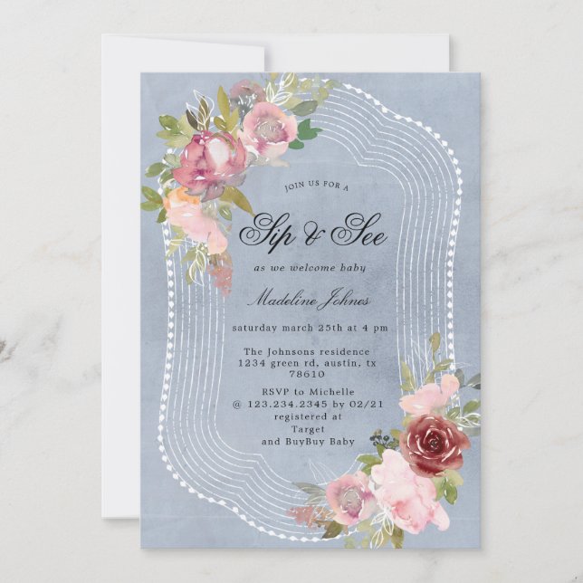 rustic pink burgundy floral sip and see invitation (Front)