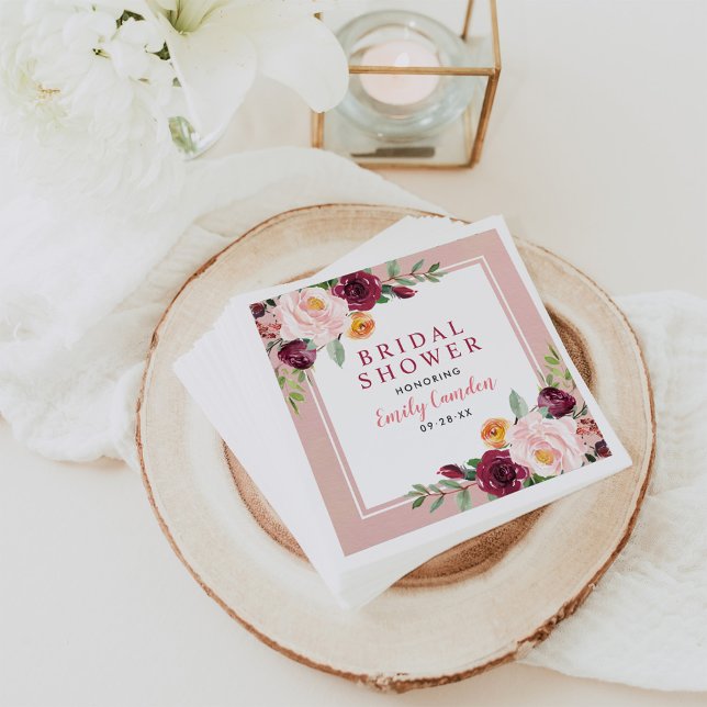 Rustic Pink Burgundy Floral Wedding Bridal Shower Napkin (Creator Uploaded)
