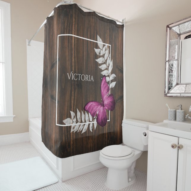 Rustic Pink Butterfly Personalised Shower Curtain (In Situ)